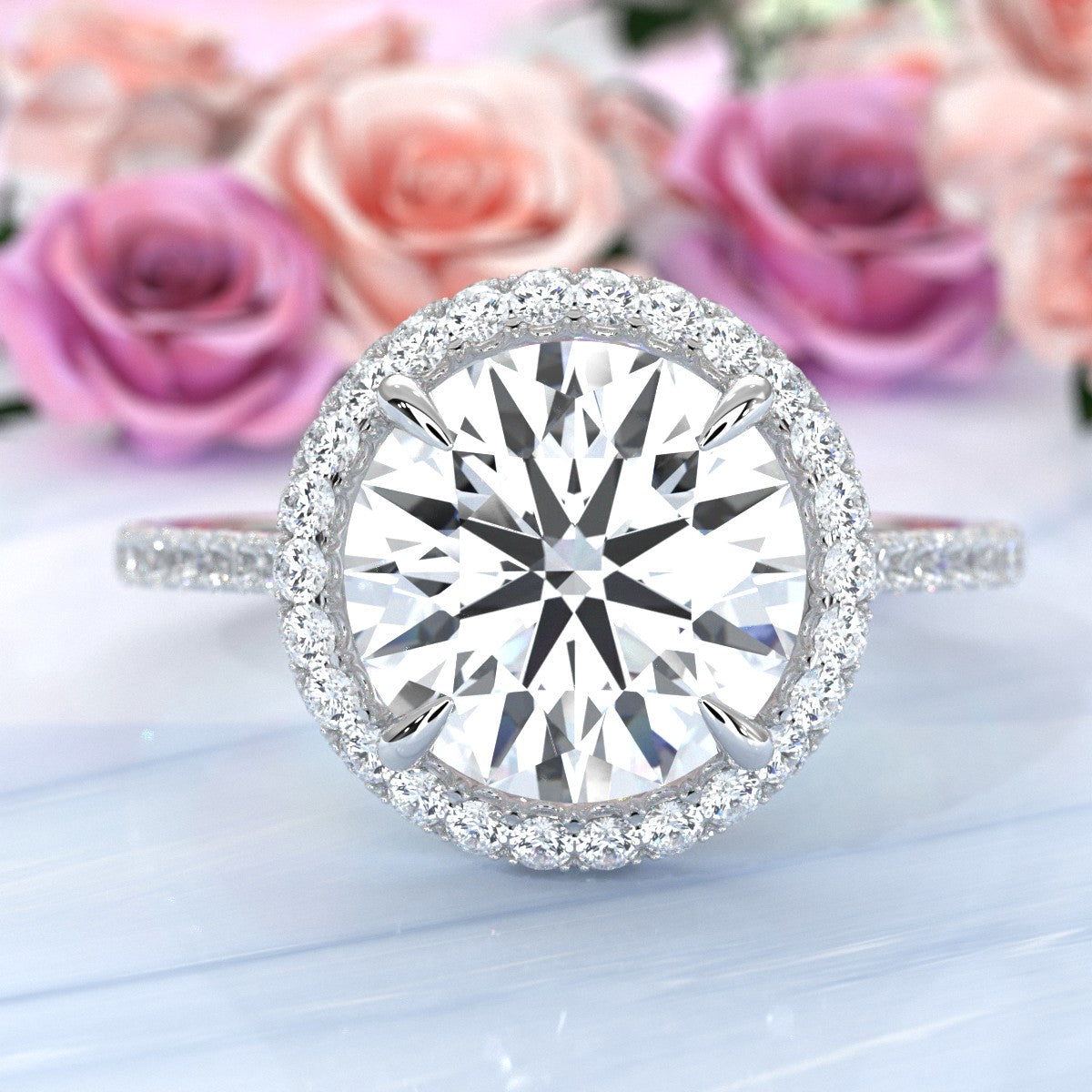 French Pave Set Halo Lab Grown Diamond Engagement Ring 2.59 Ctw.